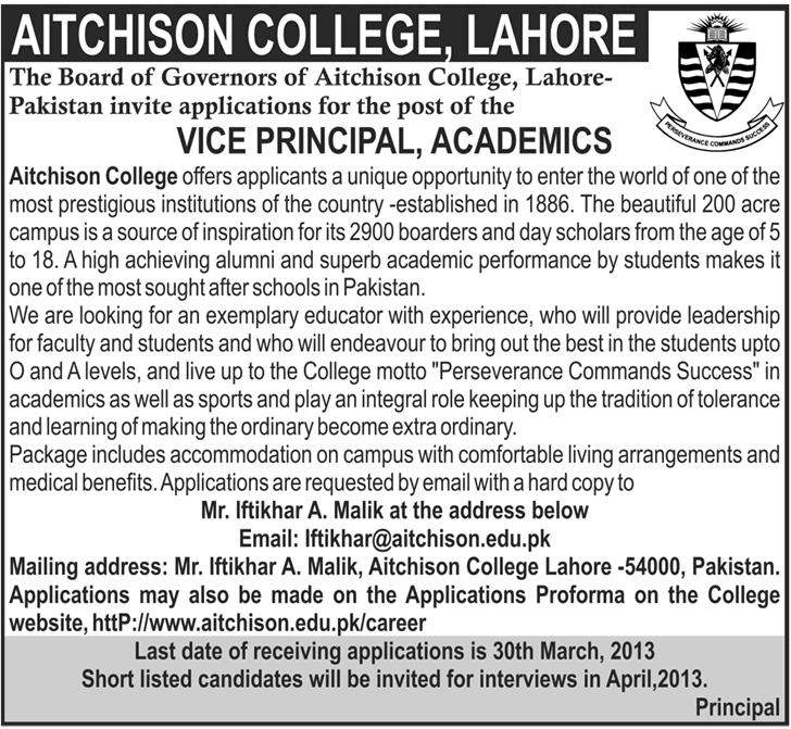 vice-principal-academics-vacancy-at-aitchison-college-lahore-latest-advertisement-in-lahore-the